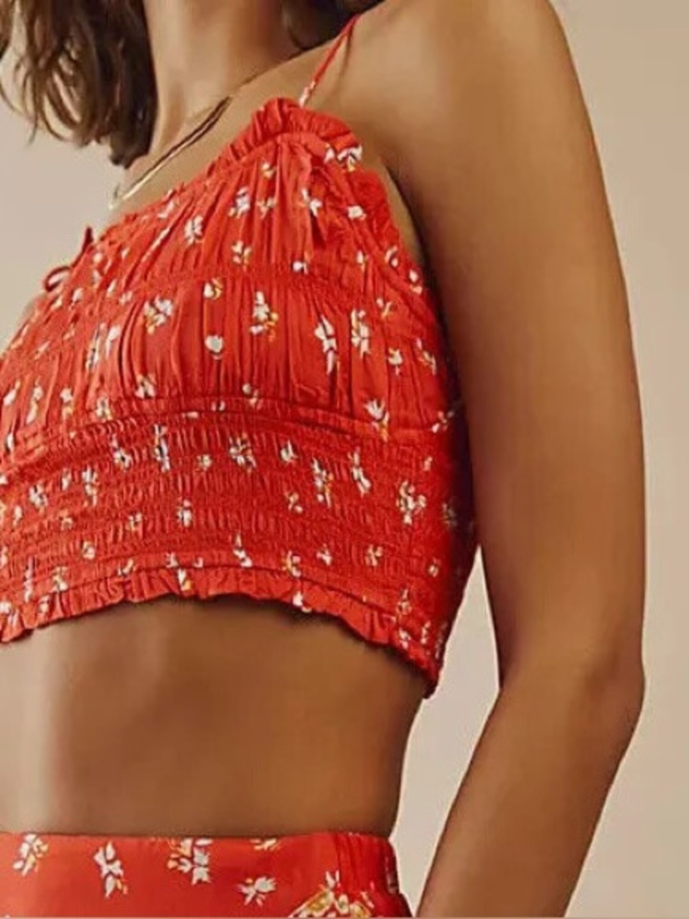 FREE PEOPLE Kaia Red Floral Boho Smocked Crop Top Size S